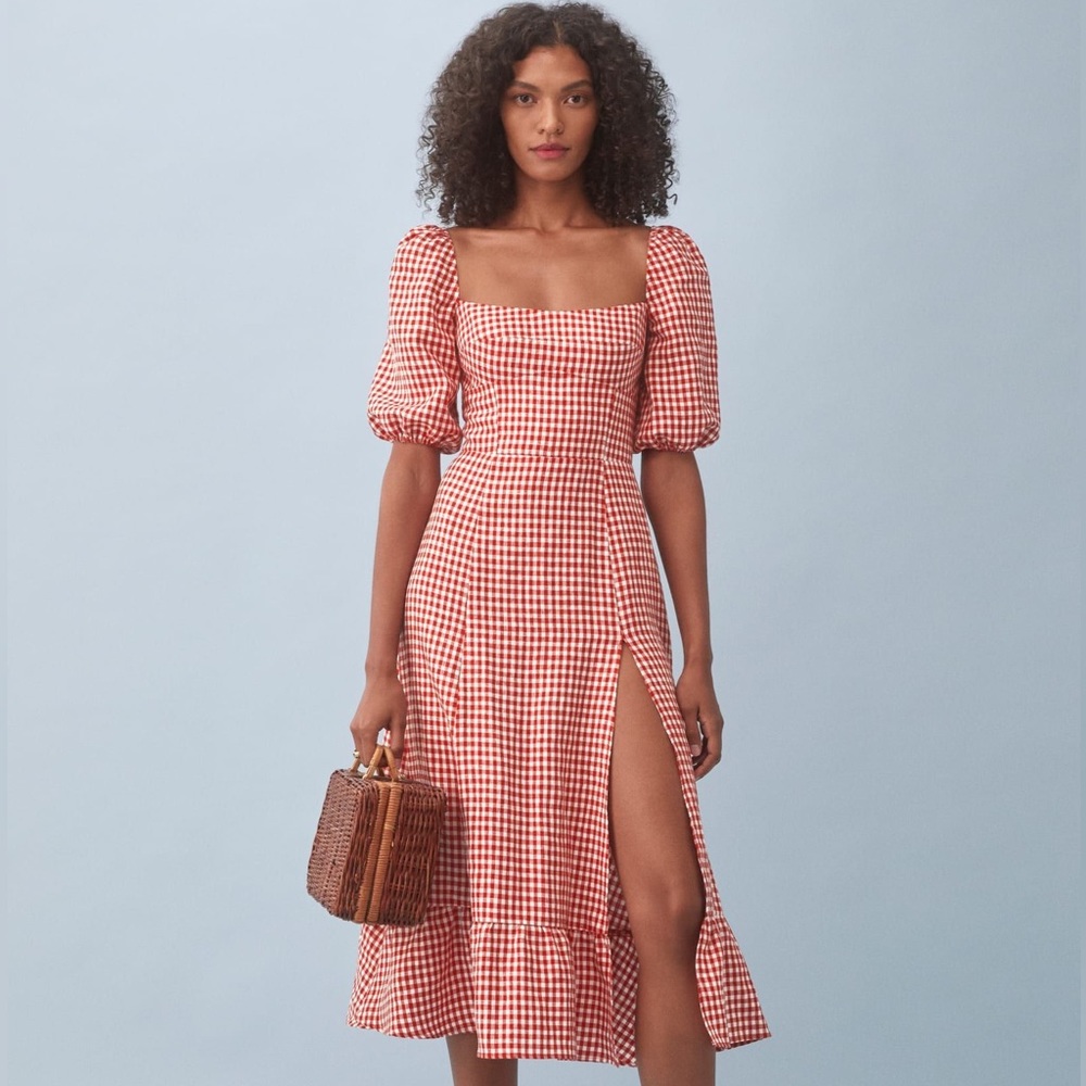 Reformation Belgium Linen Dress in May Check, Size 6